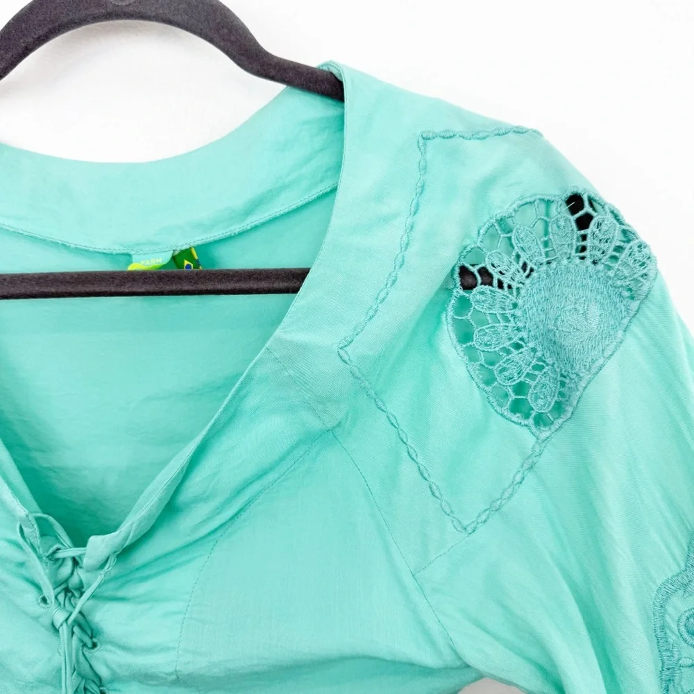 Farm Rio Turquoise Crochet Detail Long Sleeve Crop Top Size P